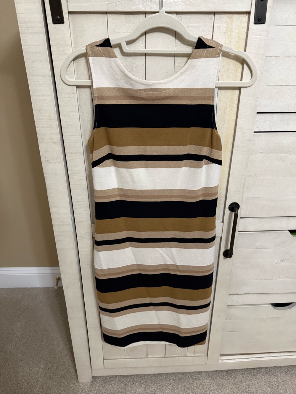 Sleeveless Striped Sheath Dress in Black, White & Tan